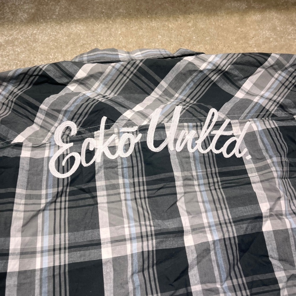Ecko Unltd Mens 4XL Plaid Button Down Shirt Grey Black Long Sleeve Back Logo Y2K - Picture 9 of 9